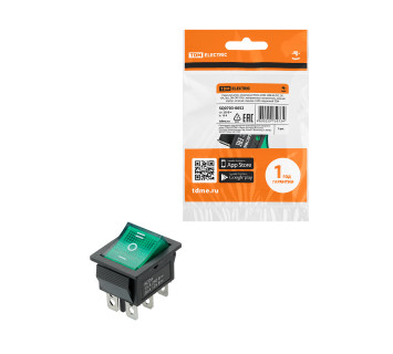 KCD4-203N 250В AC/DC, 2P, 15А, (6с), ON-OFF-ON, с нейтралью, черный корпус, зеленая клавиша, LED TDM