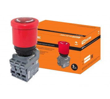 Кнопка грибовидная, возврат поворотом MPET4-10R в сборе d40мм 1з+1р красная TDM