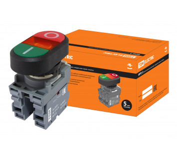 Кнопка двойная MPD2-11R (зеленая/красная) (LED) в сборе d22мм/220В (I/O) линза красная TDM