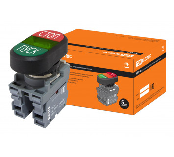 Кнопка двойная MPD4-11G (зеленая/красная) (LED) в сборе d22мм/220В (ПУСК/СТОП) линза зеленая TDM