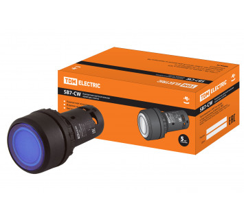 Кнопка SB7-CW3665 с возвратом, 1НО+1НЗ, d22 мм, 220 В LED, синяя, IP54 TDM
