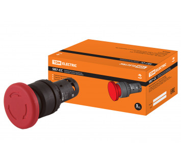 Кнопка грибовидная SB7-CCS545 с фиксацией, возврат поворотом, 1НО+1НЗ, d35 мм, красная, IP40 TDM