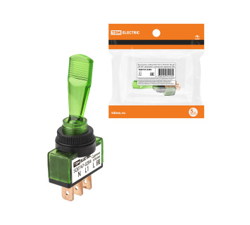 Выключатель-тумблер ASW-13D 1P 12В AC/DC 20А (3c) ON-OFF с фиксацией с зеленой LED подсветкой TDM