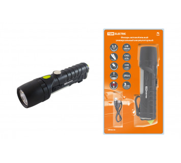 Фонарь автомоб. универс., 6 Вт CREE+3 Вт COB,1x18650 2200 мА*ч, магн., подвес, USB, стропорез,TDM