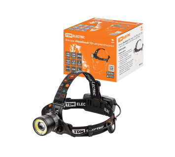 Фонарь «Налобный 12» аккум., 5 Вт CREE+3 Вт COB, Li-Ion 3,7 В 2x18650 2,4 А*ч, 650 лм, USB, TDM