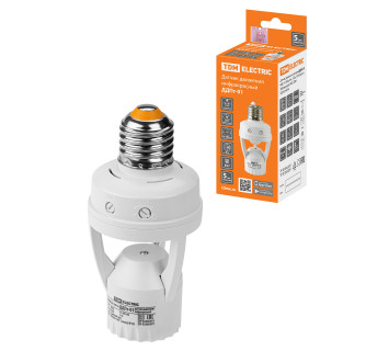 Датчик движения патрон ДДПт-01 60Вт, 10-300с, 6м, 3+Лк, 120(сбоку)+360(сверху)гр IP20, TDM