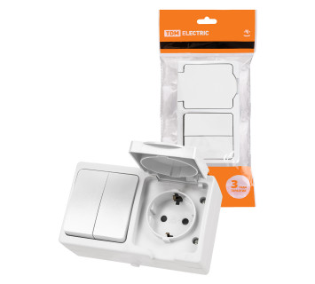 Блок (горизонтальный) выключатель 2-кл. + розетка 2П+З с з/ш БКВР IP54 белый 