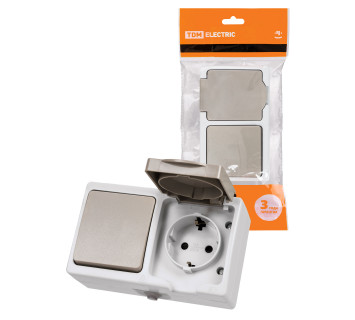 Блок (горизонтальный) выключатель 1-кл. + розетка 2П+З с з/ш БКВР IP54 серый 