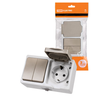 Блок (горизонтальный) выключатель 2-кл. + розетка 2П+З с з/ш БКВР IP54 серый 