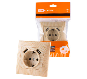 Розетка 2П+З 16А 250В + 2 USB порта 2,1А 5В сосна 