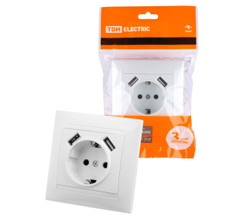Розетка 2П+З 16А 250В + 2 USB порта 2,1А 5В белая 