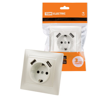 Розетка 2П+З 16А 250В + 2 USB порта 2,1А 5В перламутр 