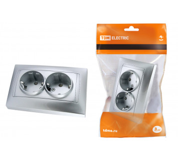 Розетка двойная 2П+З 16А 250В с защ. шт. серебр. металлик 