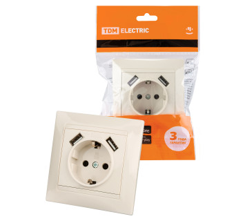 Розетка 2П+З 16А 250В + 2 USB порта 2,1А 5В сл.кость 