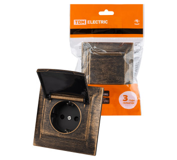 Розетка 2П+З 16А 250В IP44 с защ. шт. с крышкой старинная бронза 