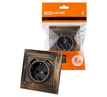 Розетка 2П+З 16А 250В + 2 USB порта 2,1А 5В старинная бронза 