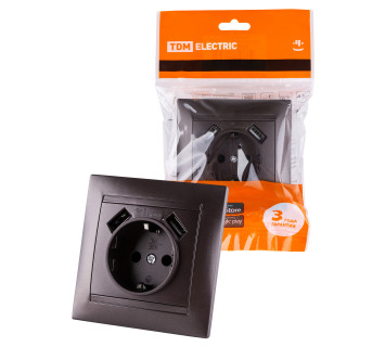 Розетка 2П+З 16А 250В + 2 USB порта 2,1А 5В шоколад 