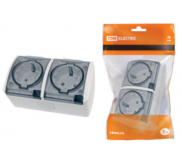 Розетка двойная 2П+3 открытой установки IP54 16А с прозрачной крышкой белая 