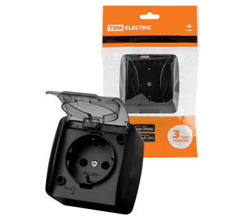 Розетка 2П+3 открытой установки IP54 16А с прозрачной крышкой графит 