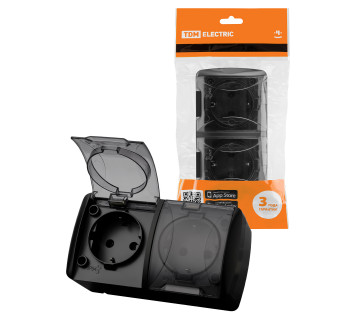 Розетка двойная 2П+3 открытой установки IP54 16А с прозрачной крышкой графит 