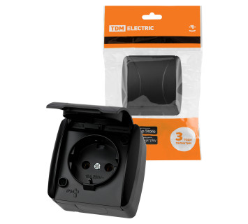 Розетка 2П+З открытой установки IP54 16А с крышкой графит 