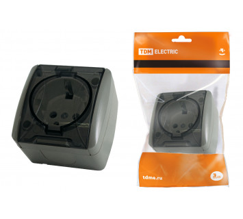 Розетка 2П+3 открытой установки IP54 16А с прозрачной крышкой серая 