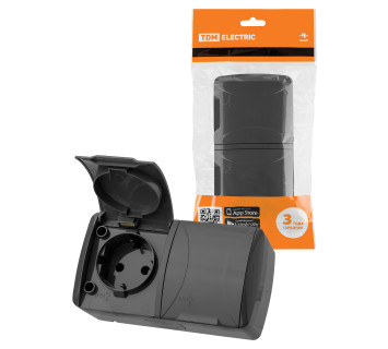 Розетка двойная 2П+3 открытой установки IP54 16А с крышкой серая 