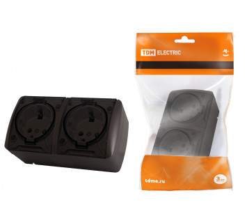 Розетка двойная 2П+3 открытой установки IP54 16А с прозрачной крышкой шоколад 