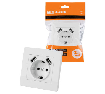 Розетка 2П+З 16А 250В + 2 USB порта 2,1А 5В белая 