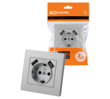 Розетка 2П+З 16А 250В + 2 USB порта 2,1А 5В серебр. металлик 