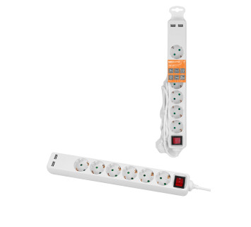 Удлинитель бытовой  У06В-USB 6 гнезд, 2USB 2,4А, 3 м, вык., з/к, ПВС 3х0,75мм2 10А/250В белый TDM