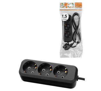 Удлинитель 3 гнезда, 1,5 метра, с/з, 10 А, 2300 Вт, черный, НАРОДНЫЙ