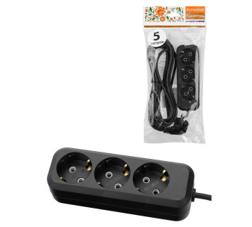 Удлинитель 3 гнезда, 5 метров, с/з, 10 А, 2300 Вт, черный, НАРОДНЫЙ
