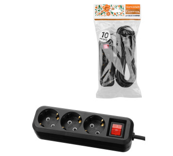 Удлинитель 3 гнезда, 10 метров, с/з, выкл., 10 А, 2300 Вт, черный, НАРОДНЫЙ