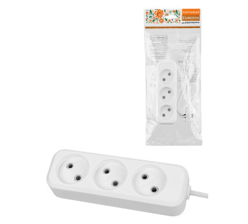 Удлинитель 3 гнезда, 3 метра, б/з, 6 А, 1380 Вт, белый, НАРОДНЫЙ