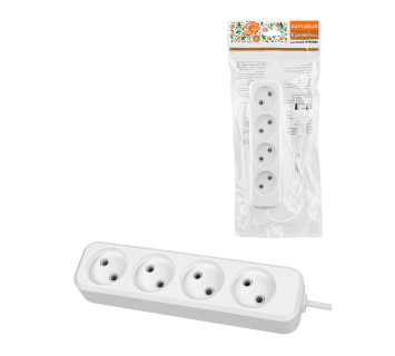 Удлинитель 4 гнезда, 5 метров, б/з, 10 А, 2300 Вт, белый, НАРОДНЫЙ