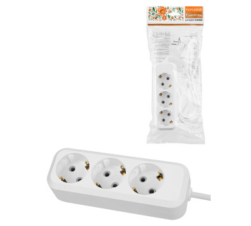 Удлинитель 3 гнезда, 1,5 метра, с/з, 16 А, 3680 Вт, белый, НАРОДНЫЙ