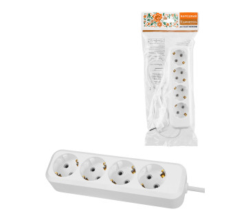 Удлинитель 4 гнезда, 1,5 метра, с/з, 16 А, 3680 Вт, белый, НАРОДНЫЙ