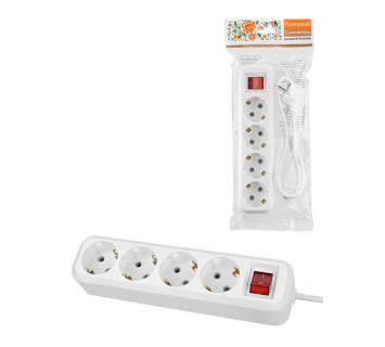 Удлинитель 4 гнезда, 1,5 метра, с/з, выкл., 16 А, 3680 Вт, белый, НАРОДНЫЙ