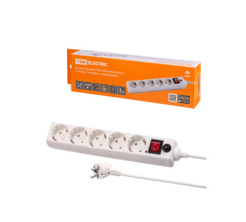 Сетевой фильтр СФ-05В выключатель, 5 гнезд, 1,5 метра, с/з, ПВС 3х0,75мм2 10А/250В белый TDM