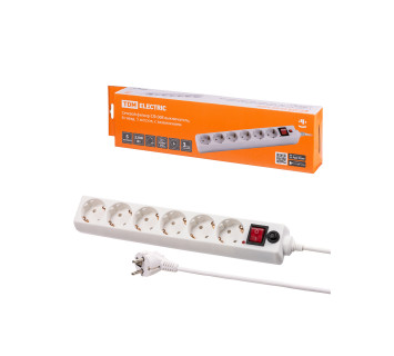 Сетевой фильтр СФ-06В выключатель, 6 гнезд, 5 метров, с/з, ПВС 3х0,75мм2 10А/250В белый TDM