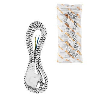 Шнур сетевой с вилкой в тканевой оплетке ПВС 3x0,75мм2 1,8м, 2400 Вт с/з белый TDM