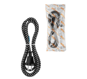 Шнур сетевой с вилкой в тканевой оплетке ПВС 2x0,75мм2 1,8м, 1400 Вт б/з черный TDM