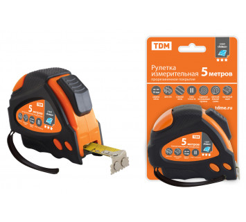 Рулетка 5 м х 19 мм, тройная фиксация, автостоп, обрезиненный корпус, магнит, 