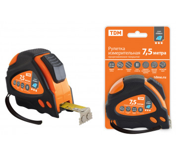 Рулетка 7,5 м х 25 мм, тройная фиксация, автостоп, обрезиненный корпус, магнит, 