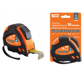 Рулетка 10 м х 25 мм, тройная фиксация, автостоп, обрезиненный корпус, магнит, 